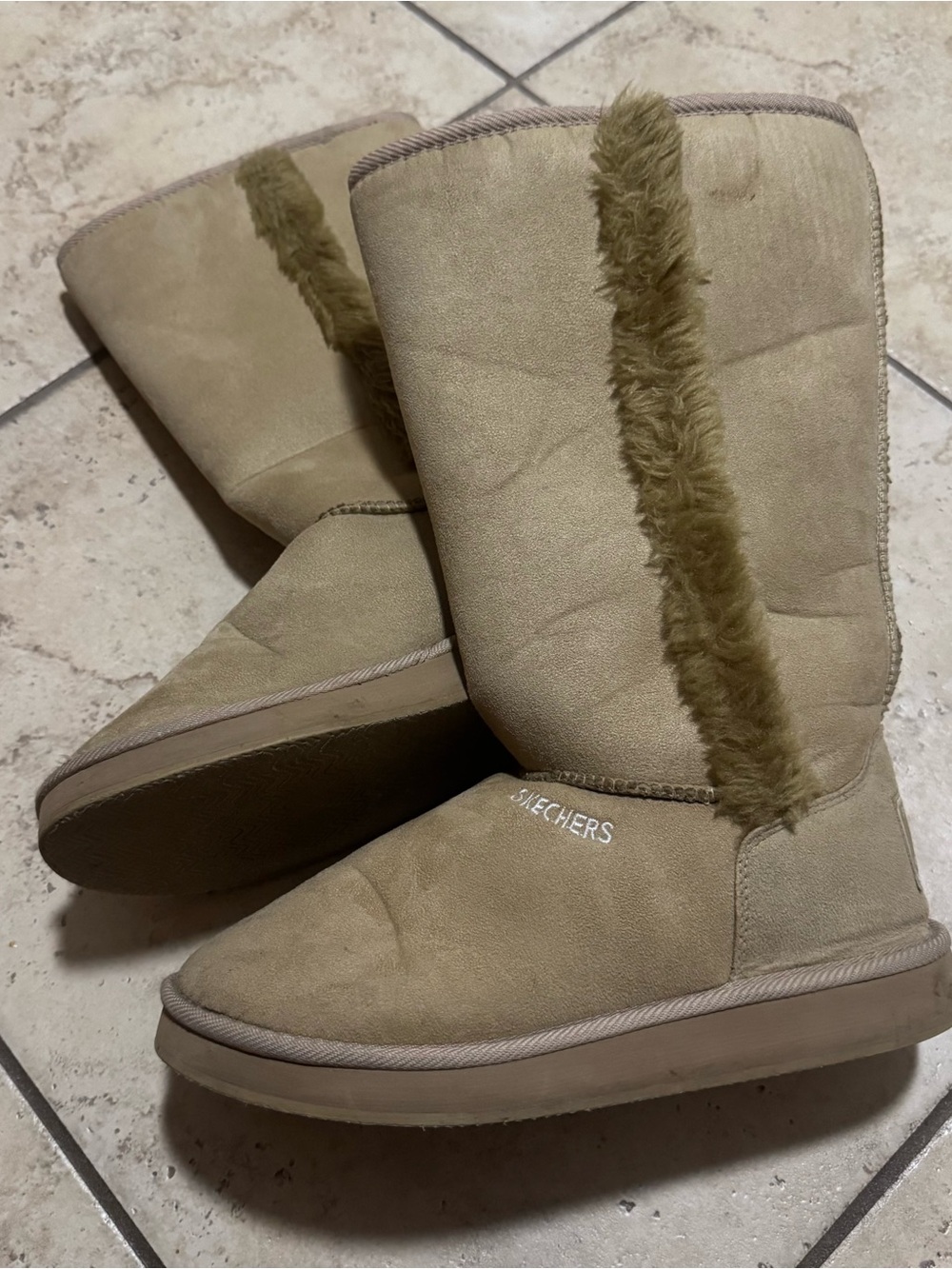 Skechers Women's Taupe Faux-Suede Mid-Calf Boots with Fur Trim